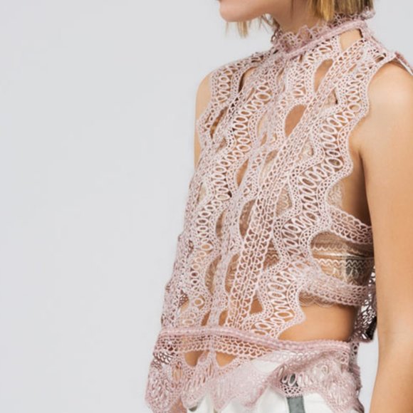 POL Tops - Scalloped Sleeveless Eyelet Overlay Mock Top